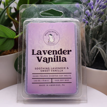 Lavender Vanilla scented wax melt package with plants in the background