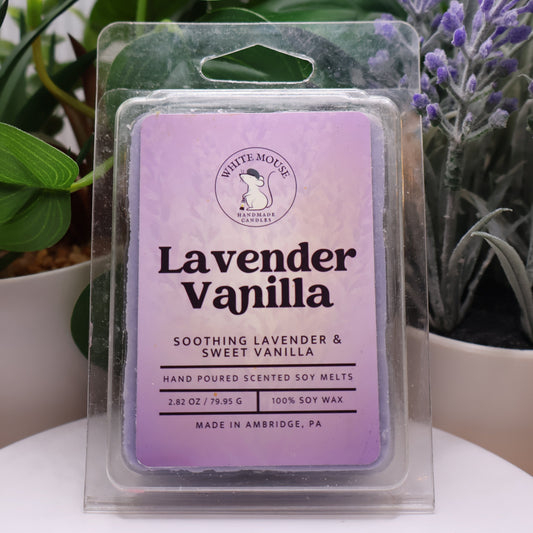 Lavender Vanilla scented wax melt package with plants in the background