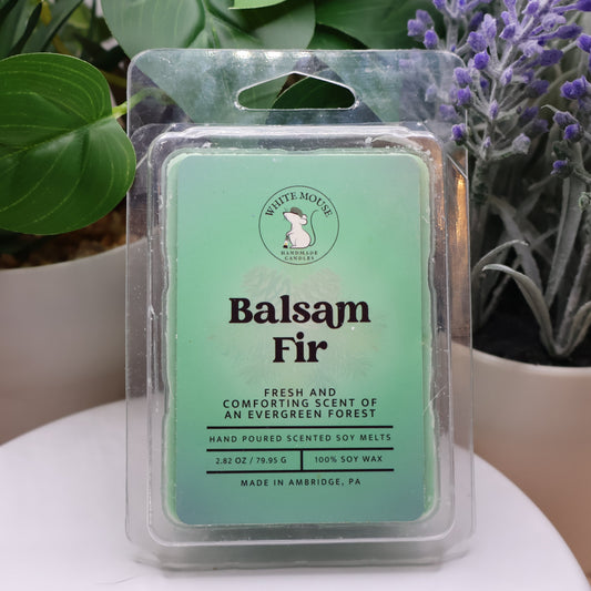 Balsam Fir scented wax melts packaging with plants in the background