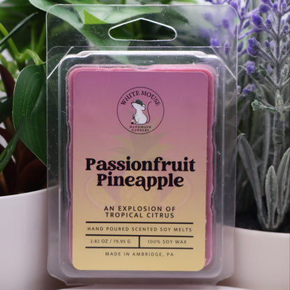 Scented wax melt package labeled 'Passionfruit Pineapple' in front of plants