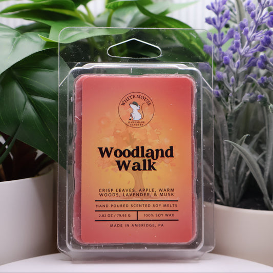 Woodland Walk wax melt packaging with plants in the background