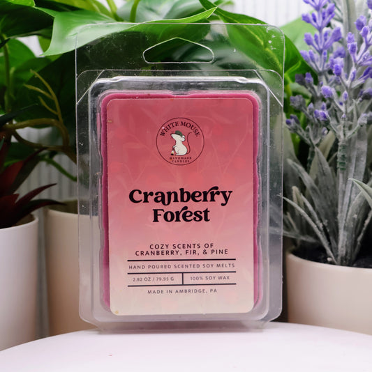 Pink wax melt package labeled 'Cranberry Forest' with plants in the background